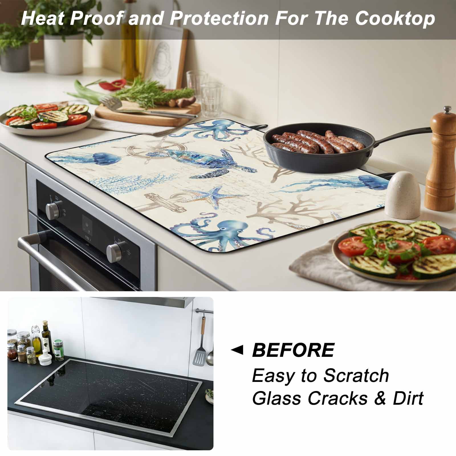 Nautical Coastal Stove Top Cover for Electric Stove, Heat-proof & Non Slip Glass Top Stove Cover Protector, Vintage Beach Octopus Turtle Jellyfish Kitchen Flat Cooktop Rubber Mat 24x21 Inches