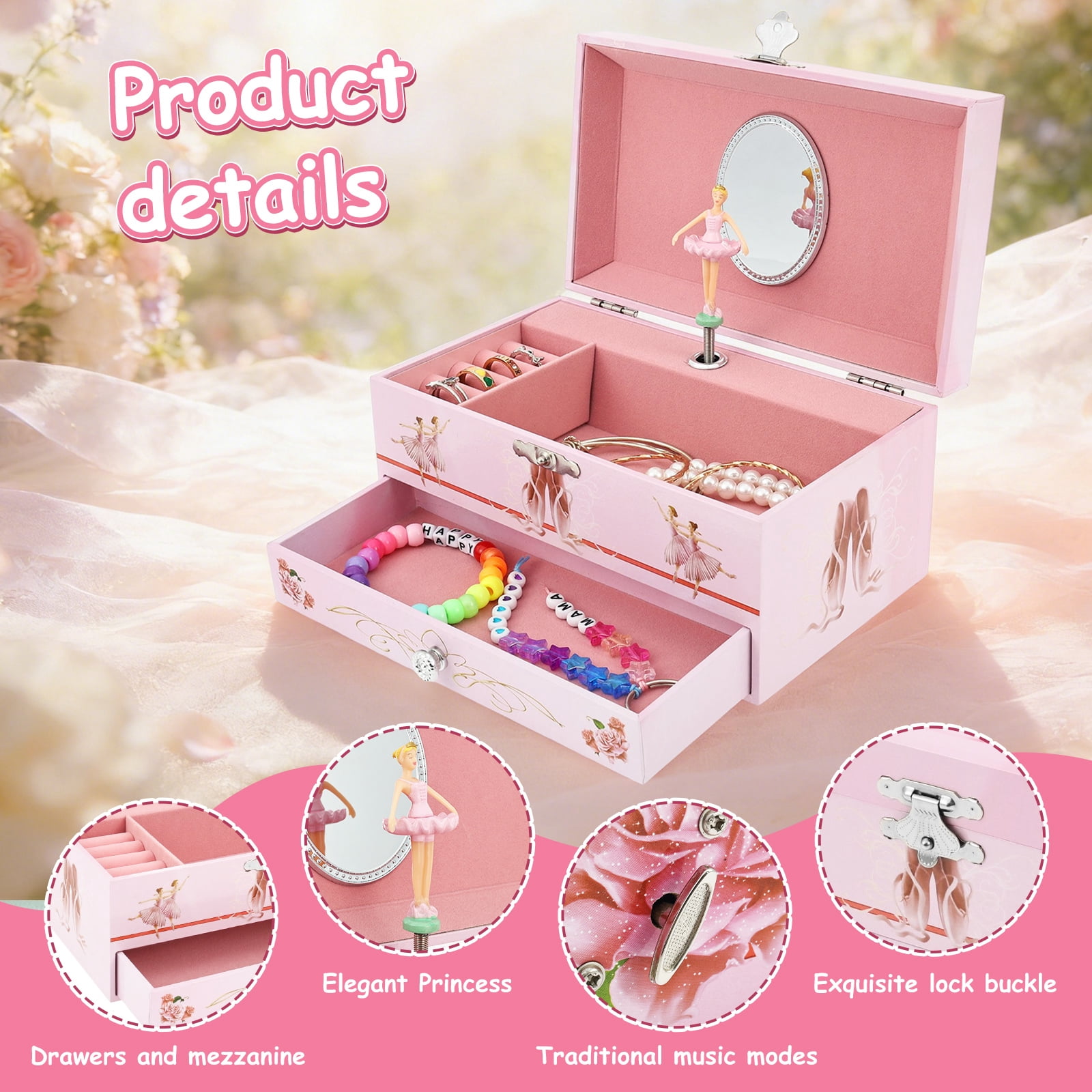 Classical Ballerina Musical Jewelry Box with Drawer and Dancing Ballerina,Girls Gifts for Kids Jewel Storage, Girls Music Box for Kids Ages 3-12 Gift