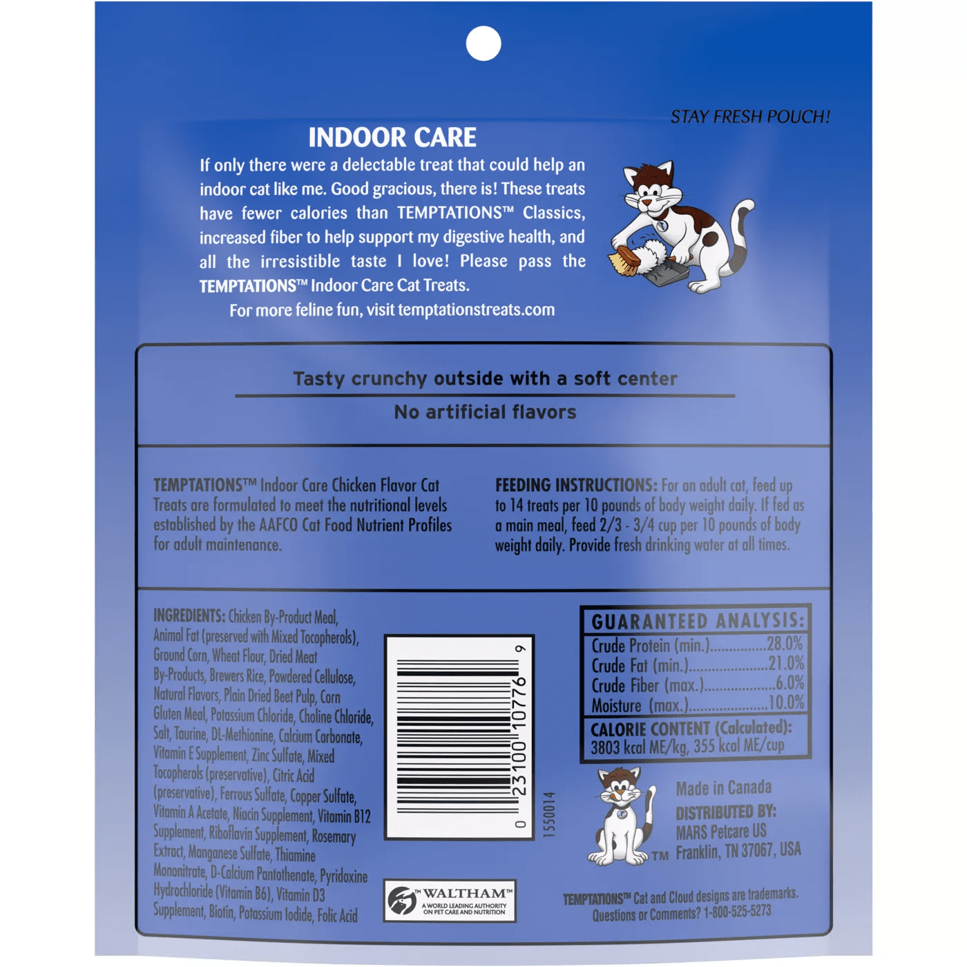 Temptations Indoor Care Crunchy and Soft Cat Treats, Chicken Flavor, 2.1 oz Pouch