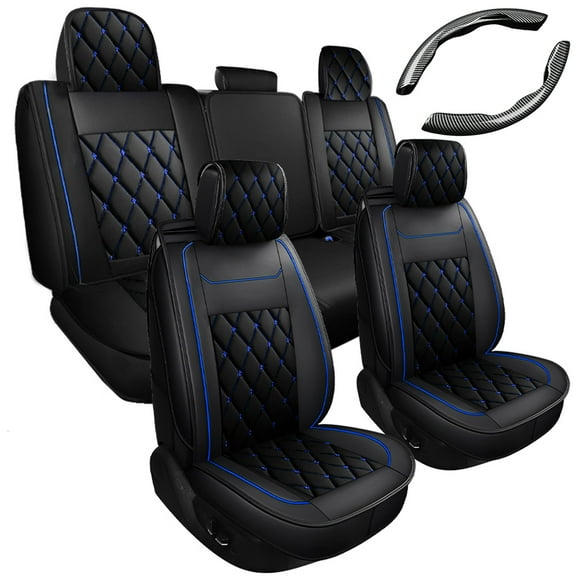 Full Set Leather Car Seat Cover for 07-22 Silverado and Sierra 1500 2500HD 3500HD & Carbon Fiber Universal Car Steering Wheel Booster Cover Non-Slip Accessories