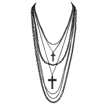 Deluxe Multilayer Retro 80s Gothic Black and Gunmetal Chain Long Fashion Necklace with Crosses