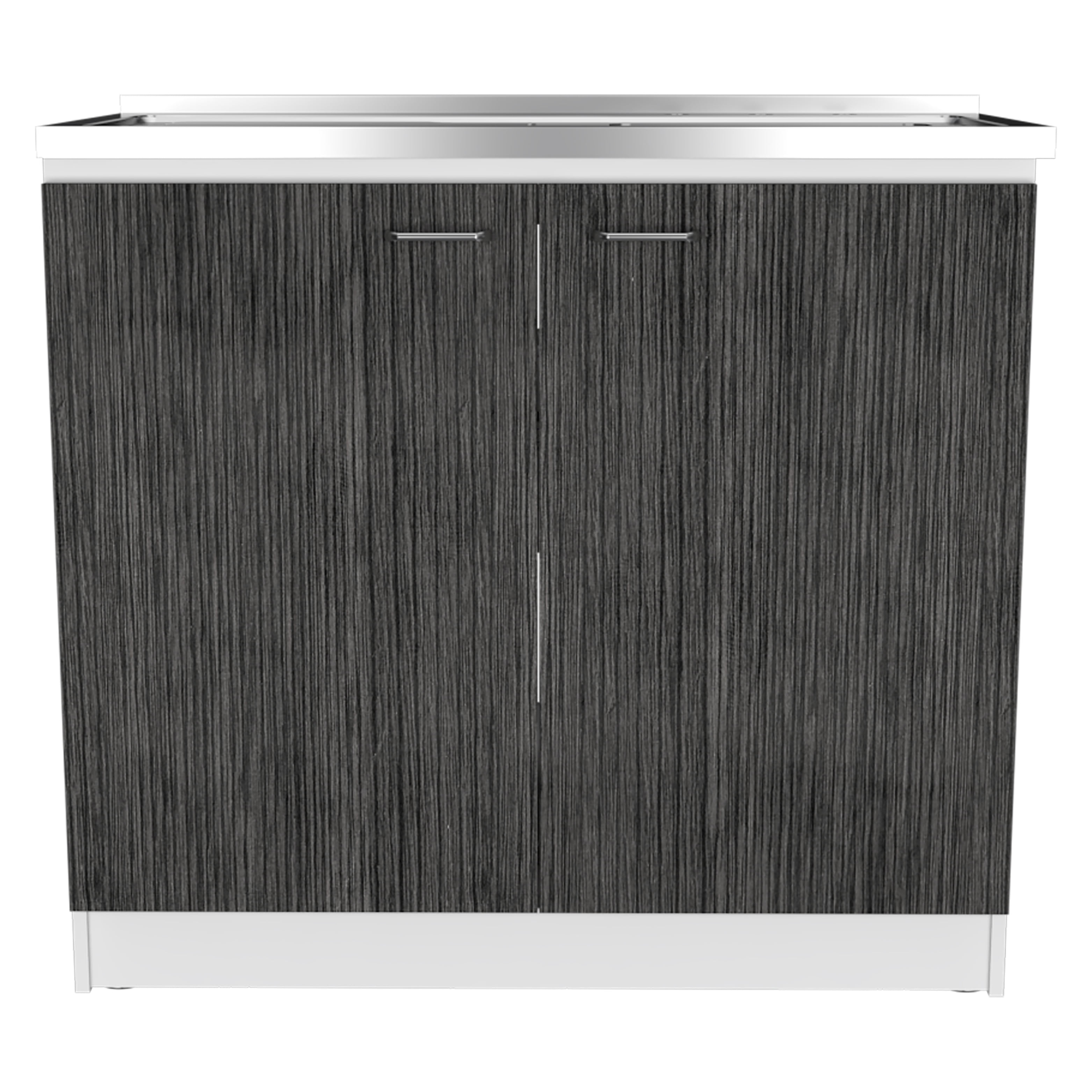 Izzovium Brookeline Rectangle 2-Door Utility Sink and Cabinet with Stainless Steel Sink, 35.4" H x 39.3" W x 20.5" D, White and Smokey Oak for Kitchen, Laundry, or Garage