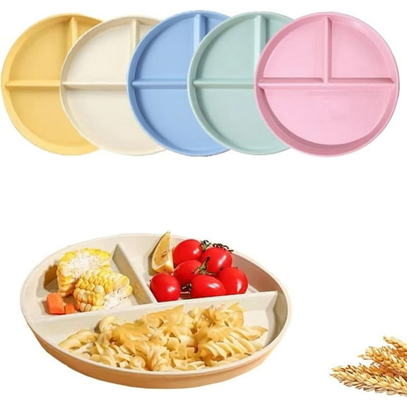 5Pcs Reusable Portion Control Plates,Kids Divided Plate Set,Wheat Straw Lunch Tray,Lightweight Plastic Plates,Microwave And Dishwasher Safe,For Children Adults Student (Random color)