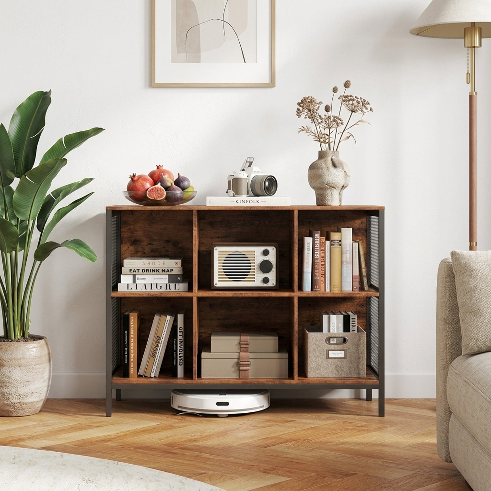Furnibear 6 Cube Bookcase 42" Wide Horizontal Bookshelf with Accent Cubby Shelf for Living Room Home Office Bedroom Display Storage, Rustic Brown