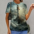thumbnail image 6 of Lighthouse Sunrise Coast Scenery Pale Blue Tan Womens Tops Women's Fashion Casual Short Sleeve Flower Print Round Neck Pullover Top Blouse, 6 of 6