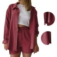 thumbnail image 5 of Aofany Women's Plus Size 2 Piece Outfits Long Sleeve Shirts and Drawstring Shorts Set Solid Color Casual Set, 5 of 5