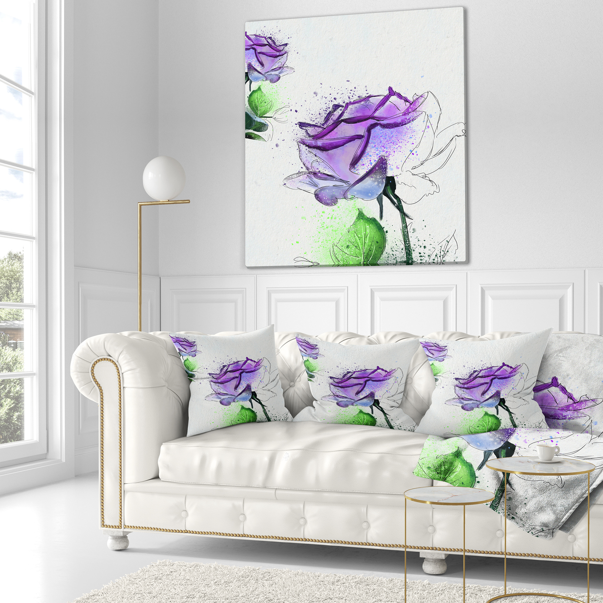 Designart Blue Rose Flowers with Green Leaves - Floral Throw Pillow - 16x16