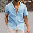 thumbnail image 2 of CBGELRT Mens Shirts Summer Mens Dress Shirts Mens Solid Short Sleeve Shirt Button Cotton Linen Shirt Blue M, 2 of 9