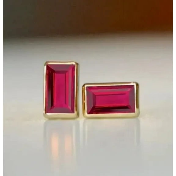 Solitaire Bezel Set 2Ct Emerald Cut Lab-Created Red Ruby Stud Earrings 14K Yellow Gold Plated 925 Silver