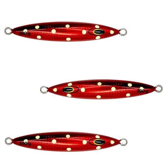 5.5" tuna jigs,300g deep drop saltwater jigging lures, 3 pcs Red Polka Dot, for offshore fishing & vertical jigging, includes wire-through design, ideal for big game tuna & bottom fishing