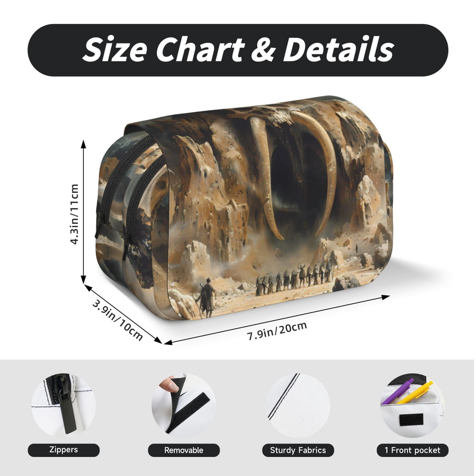 Rateoe Ancient Skull Cave Landscape Pattern Double Clamshell Pen Case, Storage Organizer with Two Zipper Compartments– Holds Up to 50 Pencils & Pens