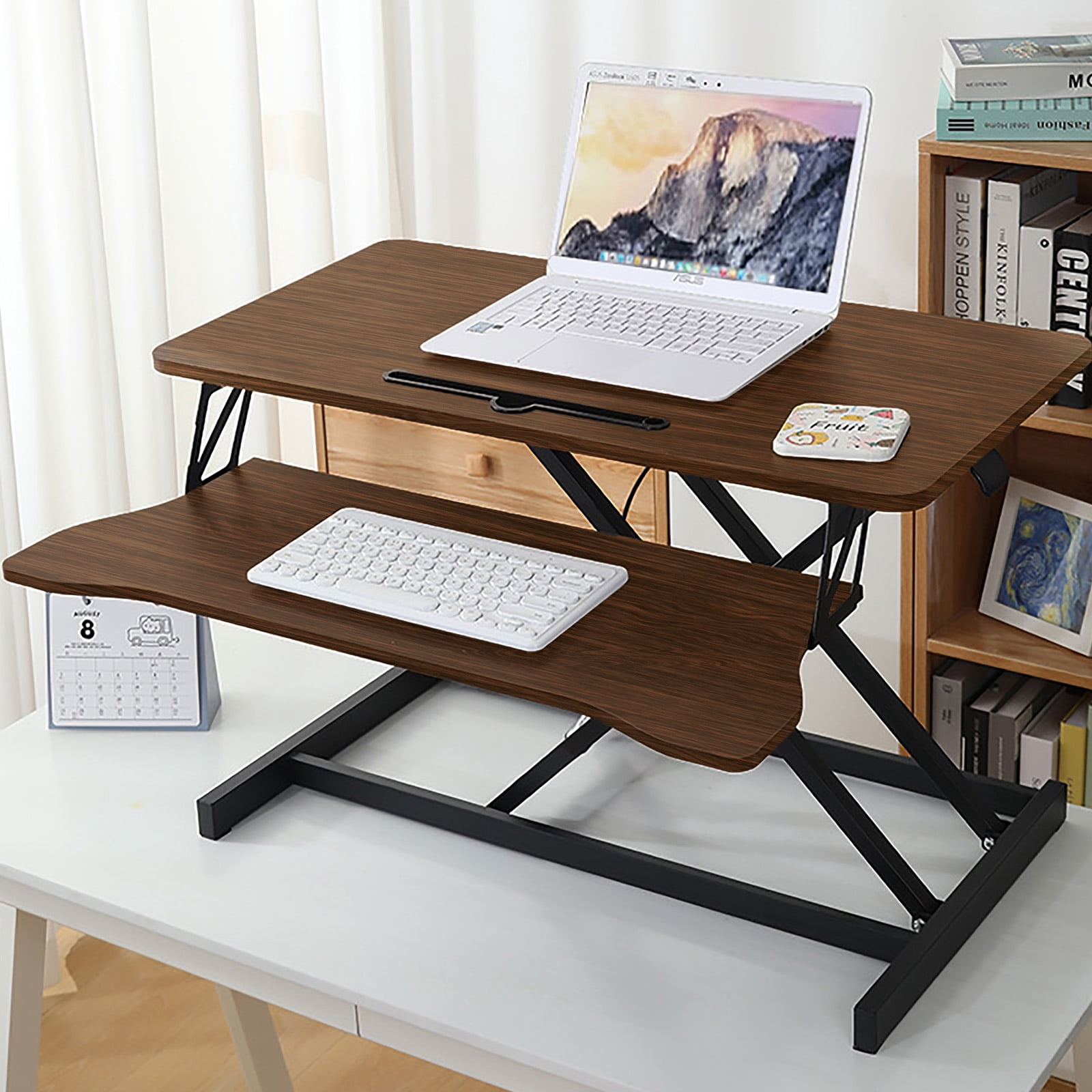 Standing Desk Converter, 32 Inch Standing Desk Adjustable Height for Table Tops and Home Office, Desk Riser Computer Workstation with Wide Keyboard Tray 2-Tier Desktop, Walnut Color