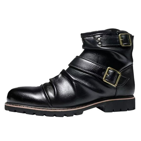 

Leather Shoes for Women Mens Shoes High Top Leather Boots Vintage Belt Buckle Pleated Side Zipper Short Boots Shoes for Men Pu Black 41