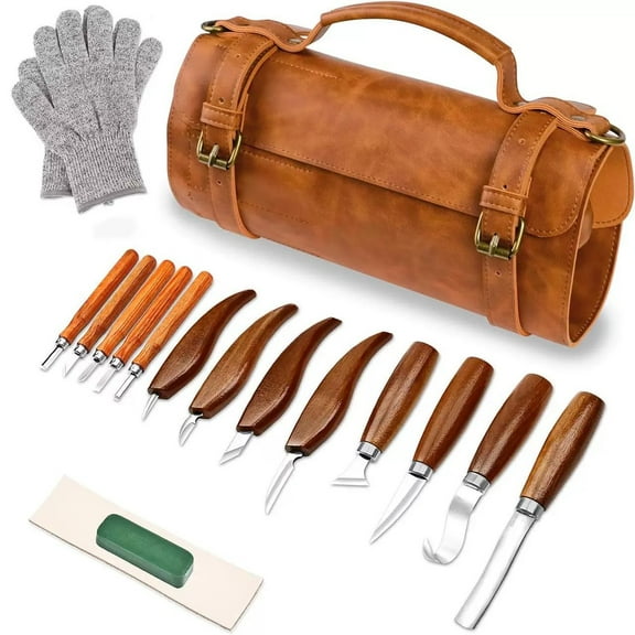 CCNZZITSHT Wood Carving Kit, 20Pcs Wood Carving Tools with Leather Storage Bag, Whittling Kit with 3Pcs Chisels & 8Pcs Whittling Knives & 5 Detail Knives for Beginners and Enthusiasts