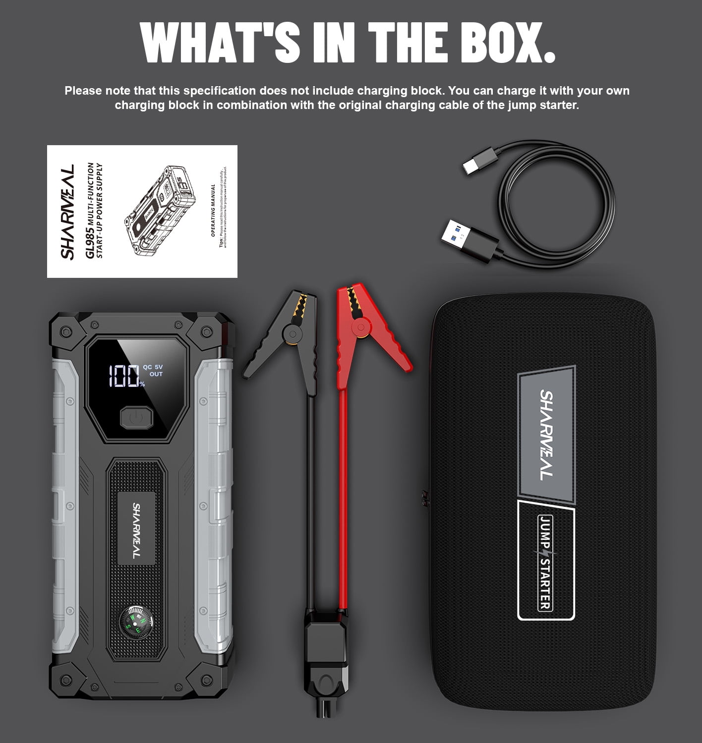 Sharmeal Car Jump Starter 5000A, Jump Starter Battery Pack for 10.0L Gas and 9.0L Diesel, 12V Portable Jump Box with LED Light
