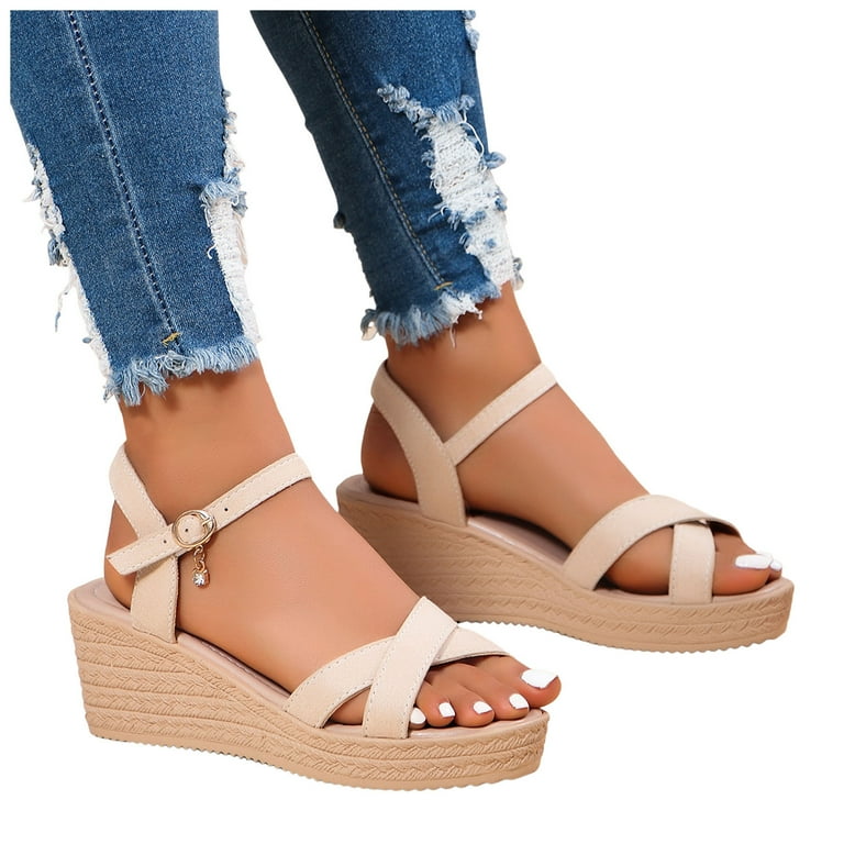 Yzengfg Ladies Summer Solid Colour Thick Bottom Rhinestone Pendant High Heel Buckle Large Size Slope Heel Sandals Tan Sandals for Women Low Heel Walmart