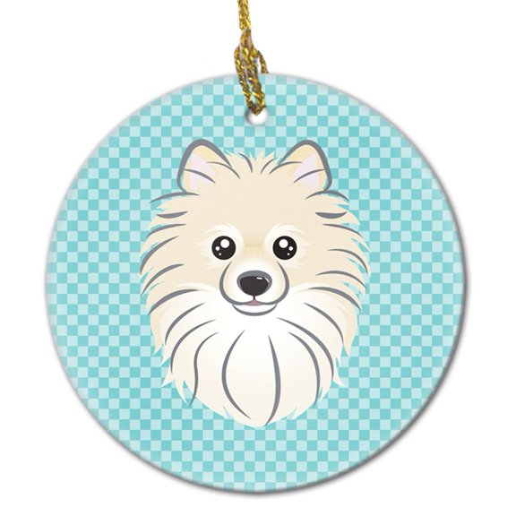 Checkerboard Blue Pomeranian Ceramic Ornament