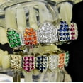 thumbnail image 3 of Grillz Set CZ Cubic Zirconia Silver Tone Multi-Color Clown Top And Bottom Teeth Bling Rainbow Color Hip Hop Grills, 3 of 5