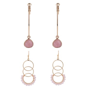 The Pioneer Woman - Women's Jewelry, Gold-tone Textured Metal Glass Bead and Semi Precious Drop Duo Earring Set