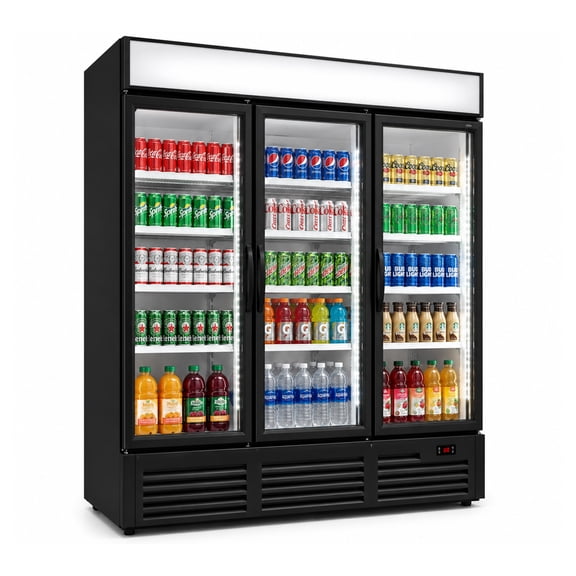 74 Inch Commercial 3 Glass Door Merchandiser Beverage Refrigerator 49 Cu Ft Display Cooler ETL Certified LED Lighting Black