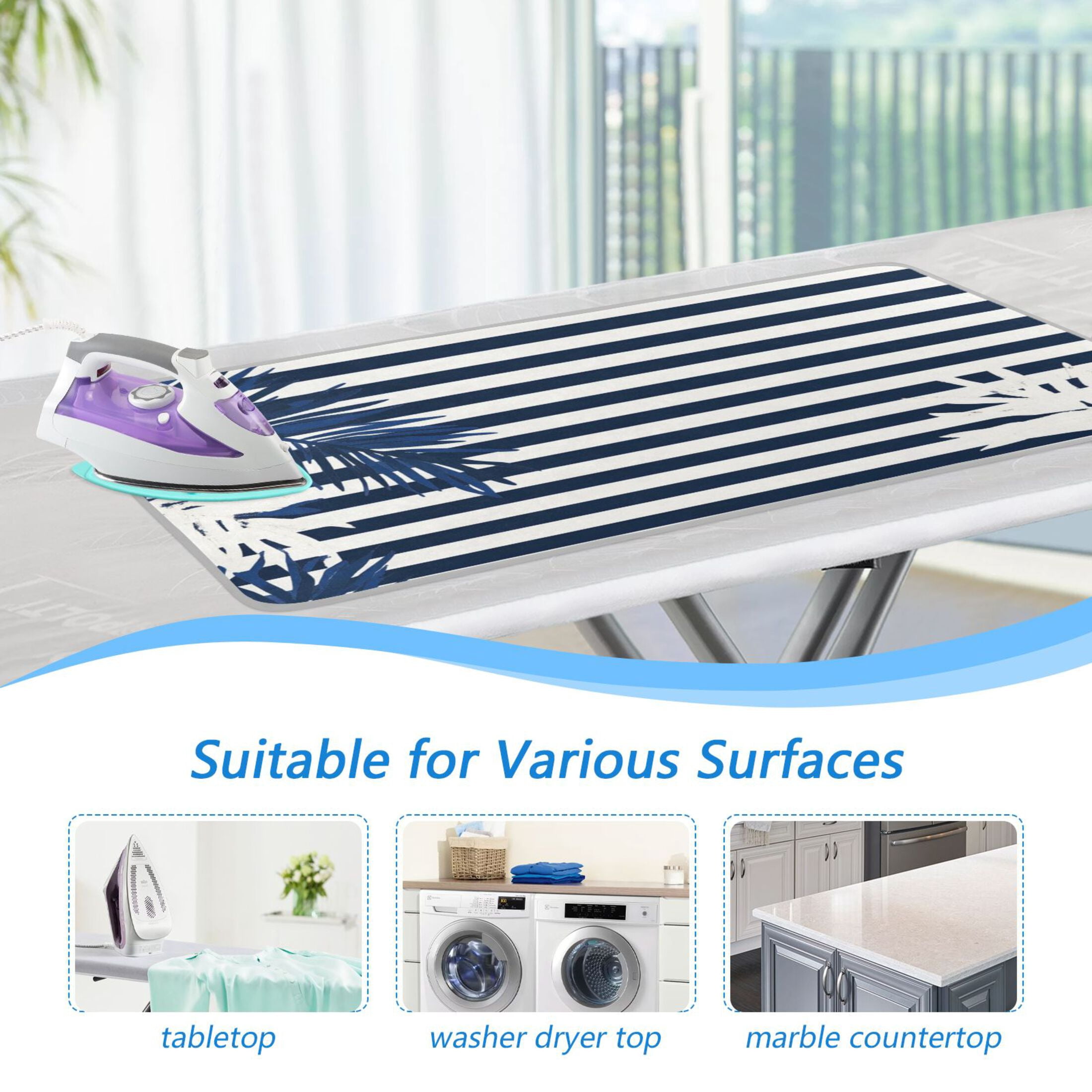 Palm Tree Leaves Navy Blue Narrow Stripes Ironing Mat Blanket Portable Travel Ironing Pad Heat Resistant Pad 47.2" x 27.6”