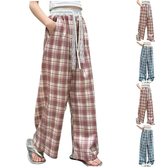 Ashirexll Wide Leg Pants, Summer Pants, 4-13Y Girls Pants Drawstring Elastic Waist Pants Summer Fashon Plaid Casual Trousers