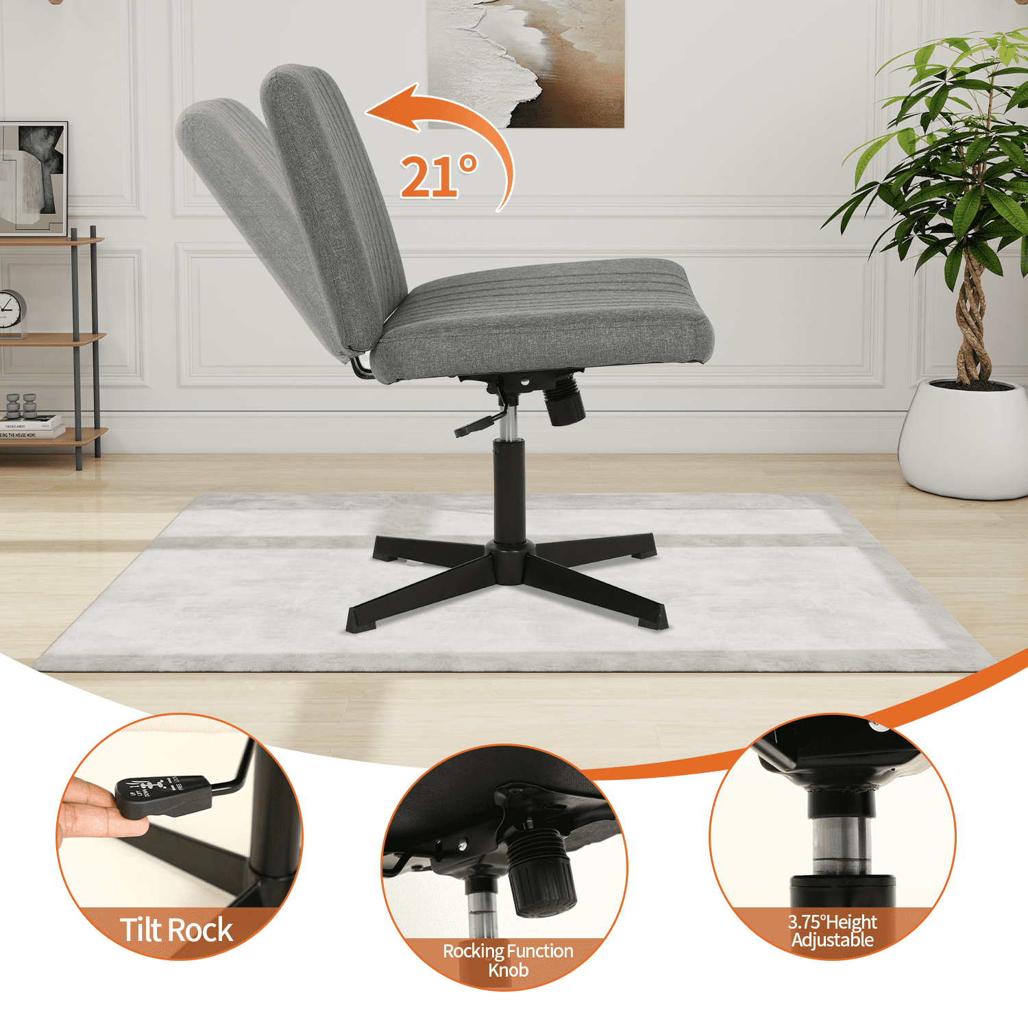 BIQWBIC Crisscross Chair Armless Vanity Chair Adjustable Home Office Desk Chair with No Wheels, Gray