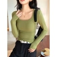 thumbnail image 4 of Women Long Sleeve Shirts Square Neck Tops Ribbed Knit Basic Crop Tops Fall Outfits Fashion Clothes Grass Green XL, 4 of 6
