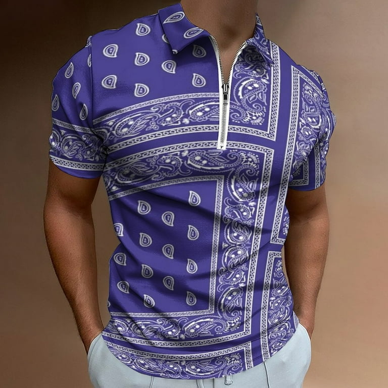 Purple Bandana Men Zipper T-shirt Summer Casual Short Sleeve T