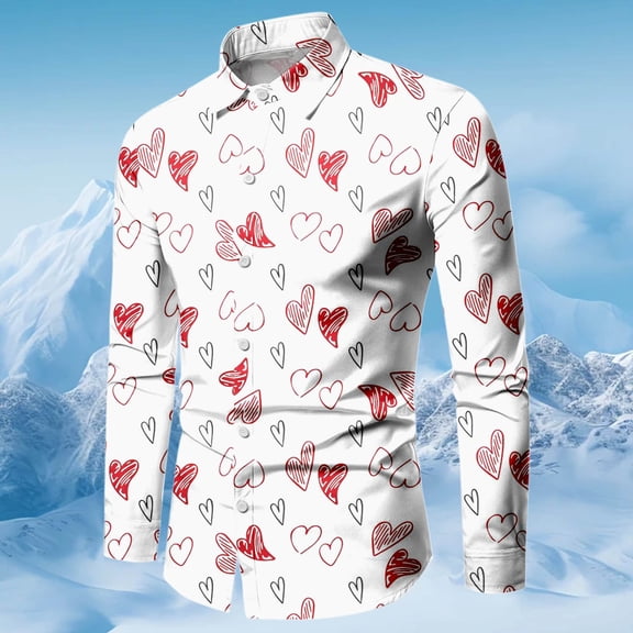 HOWPAY Mens Dress Shirts Valentines Love Heart Print Long Sleeve Regular Fit Shirt Button down Casual Stretch Lightweight Comfy Fall Clothes White L