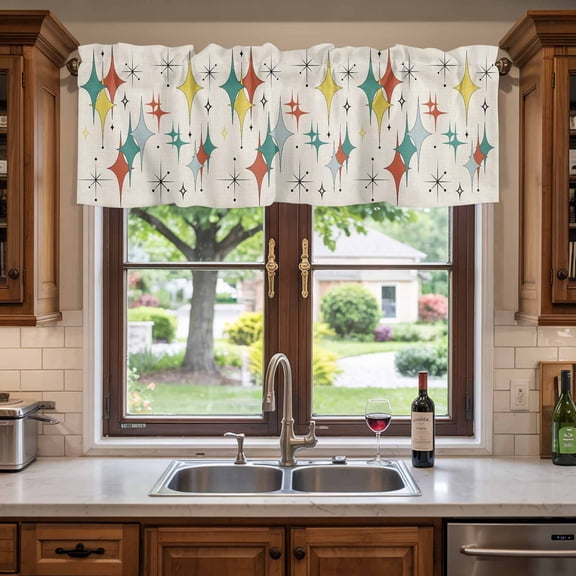 Kitchen Valances for Window, Mid Century Abstract Light Filtering Rod Pocket Valance Curtain, Modern Geometric Diamond on Linen Short Curtains Window Topper for Bedroom Bathroom Living Room 54x18in