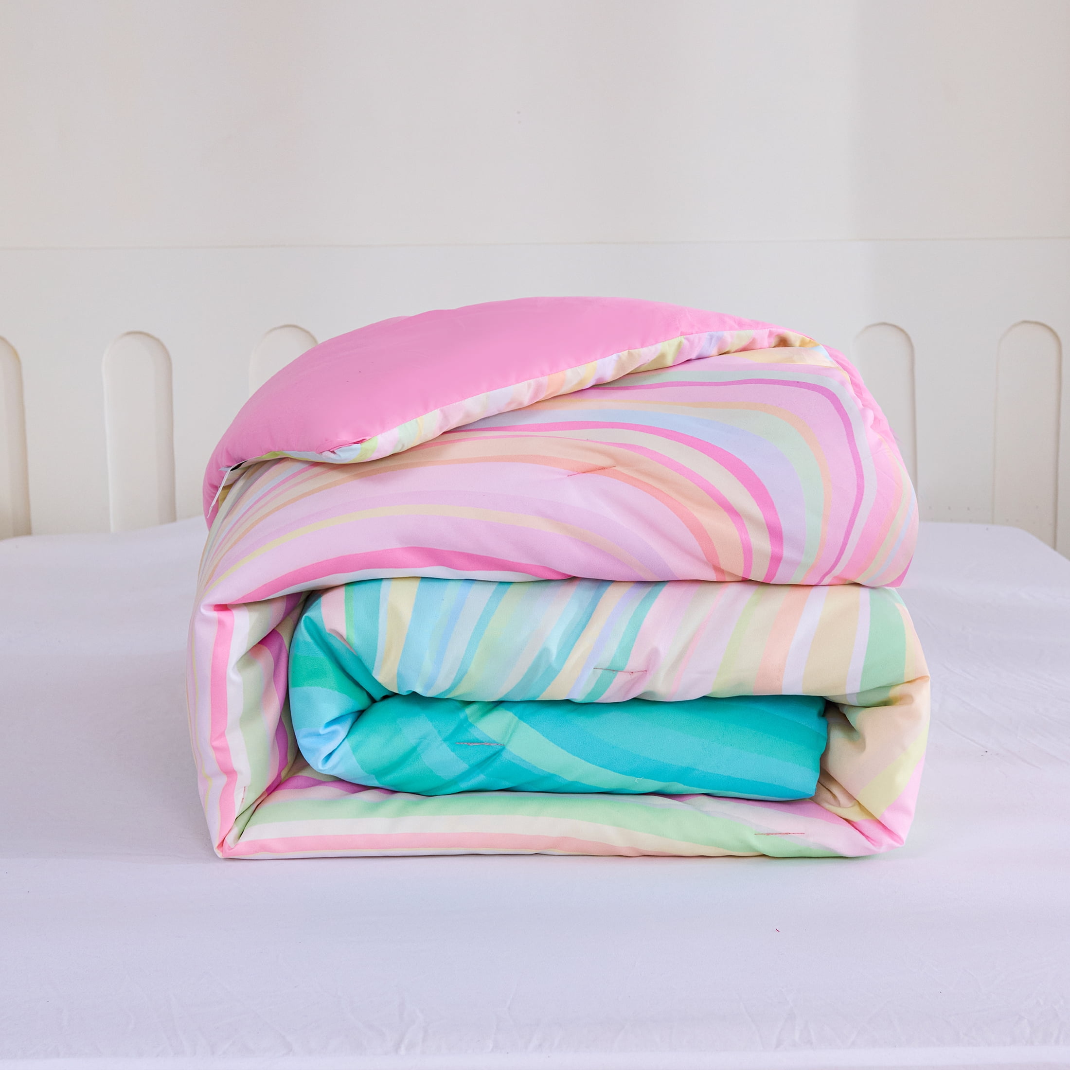 Koniroom 3-Piece Girls Pastel Swirl Rainbow Comforter Set Full Size, Blue Pink Purple, Kids Bedding Set