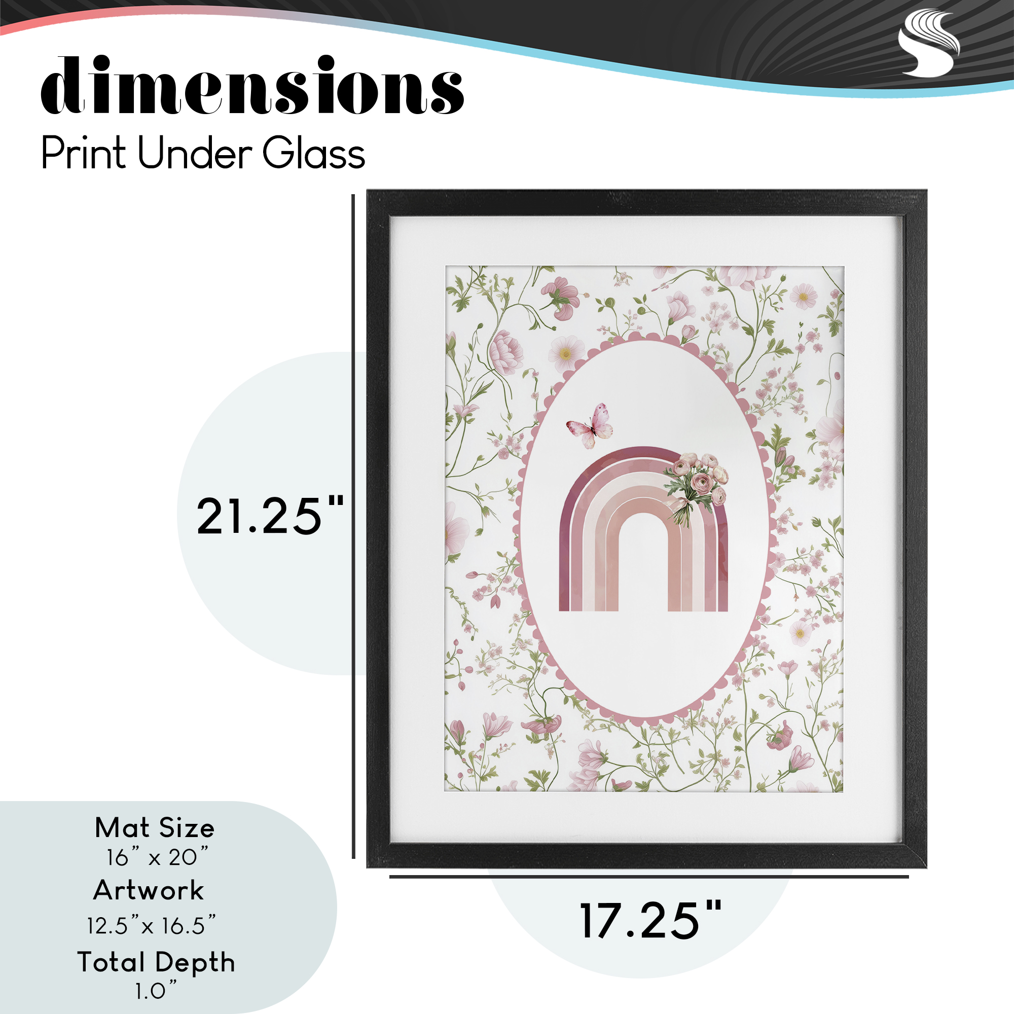 Delicate Florals & Rainbow Black Framed Print Under Glass, design by Christine Simpson Art