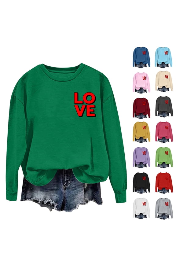 Valentine's Sweatshirt Womens Long Sleeve T-Shirts Loose Crew Neck Tops Red Size 2XL