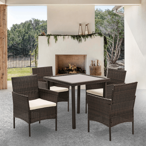 Magshion 5 Piece Patio Outdoor Dining Set, Wicker Patio Furniture Set with 4 Rattan Chairs, Patio Table and Chairs Set with Cushions, for Patio Backyard, Brown