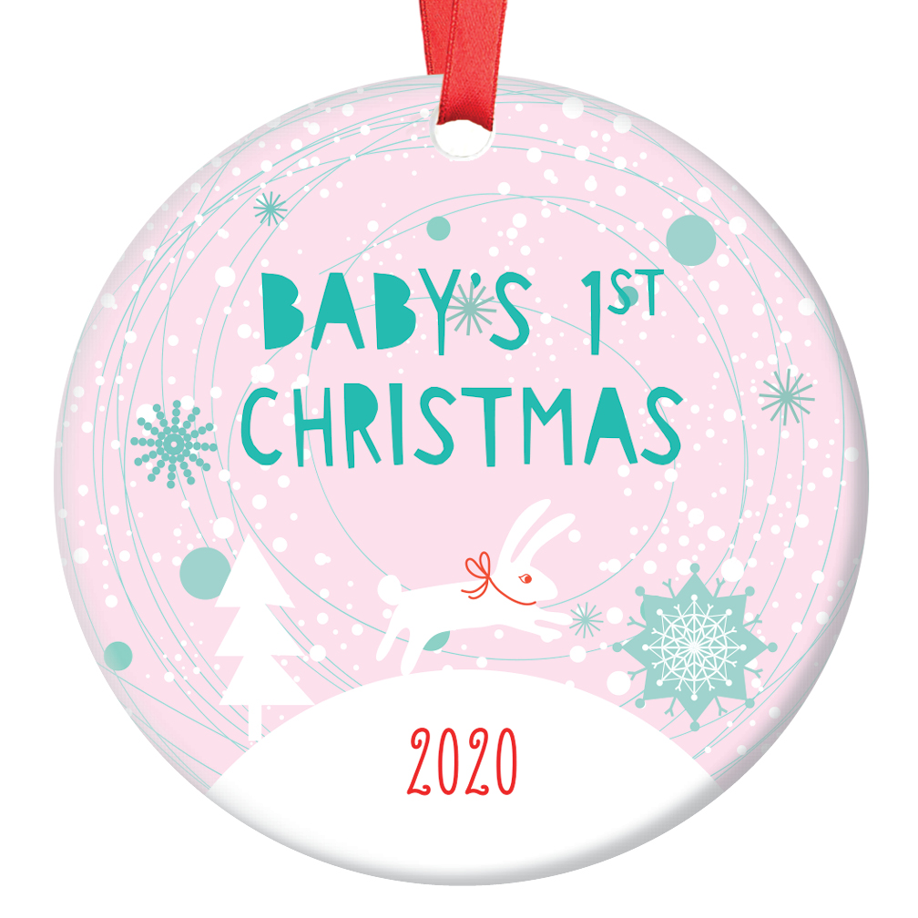 Bunny Baby's 1st Christmas Ornament 2020, Pink Winter Rabbit Baby's First Christmas, Baby Girl 3" Flat Circle Porcelain Christmas Ornament with Glossy Glaze, Red Ribbon & Free Gift Box | OR00153 Sofia - image 1 of 2