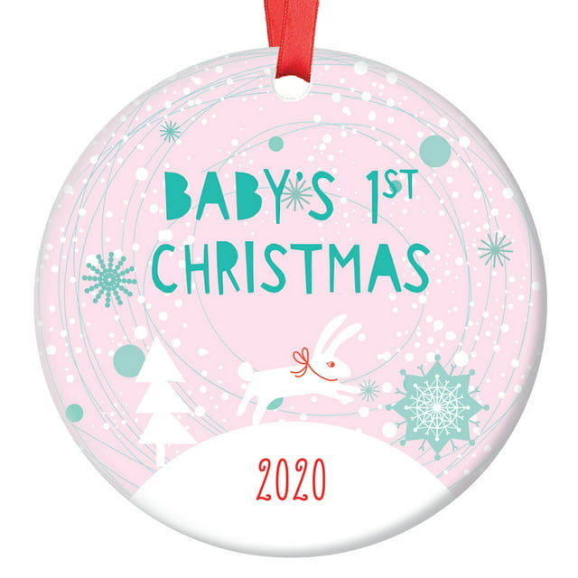 Bunny Baby's 1st Christmas Ornament 2020, Pink Winter Rabbit Baby's First Christmas, Baby Girl 3" Flat Circle Porcelain Christmas Ornament with Glossy Glaze, Red Ribbon & Free Gift Box | OR00153 Sofia