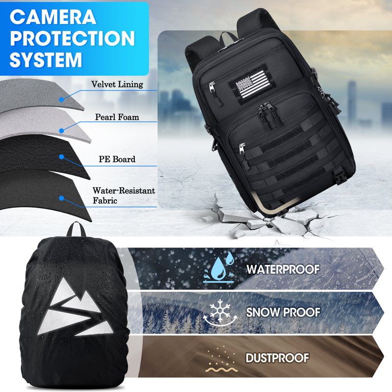 camera backpack snow rain RAINSMORE Bag for DSLR/SLR/Mirrorless Camera Bags for Photographers 15.6 Inch Waterproof Tactical Photography Case with Cover & Tripod Holder, Black : Electronics The main fabric is made of TPU SDYSM Camera Backpack Bag Professional