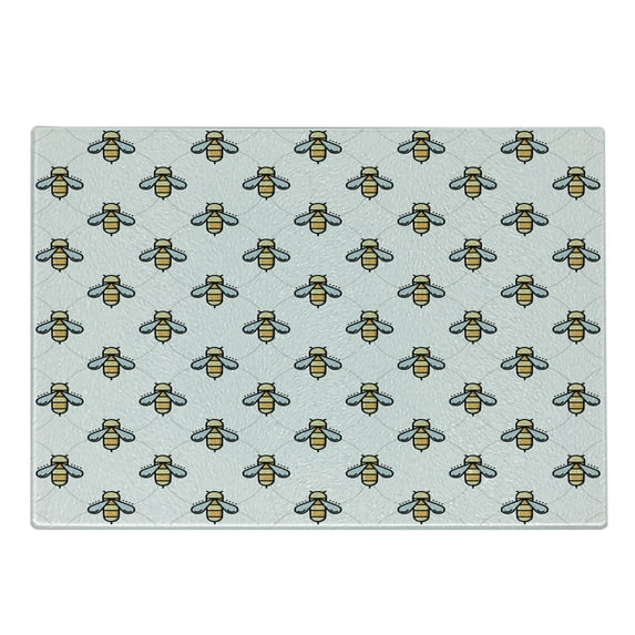 Bee Cutting Board, Graphic Sketch of BumbleBees with Wings Pattern Dotted Circles Background, Decorative Tempered Glass Cutting and Serving Board, Small Size, Multicolor, by Ambesonne