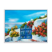 Designart 'House With Colorful Flowers Near The Sea III' Nautical & Coastal Framed Canvas Wall Art Print