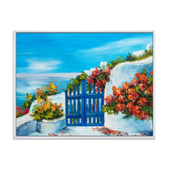 Designart 'House With Colorful Flowers Near The Sea III' Nautical & Coastal Framed Canvas Wall Art Print