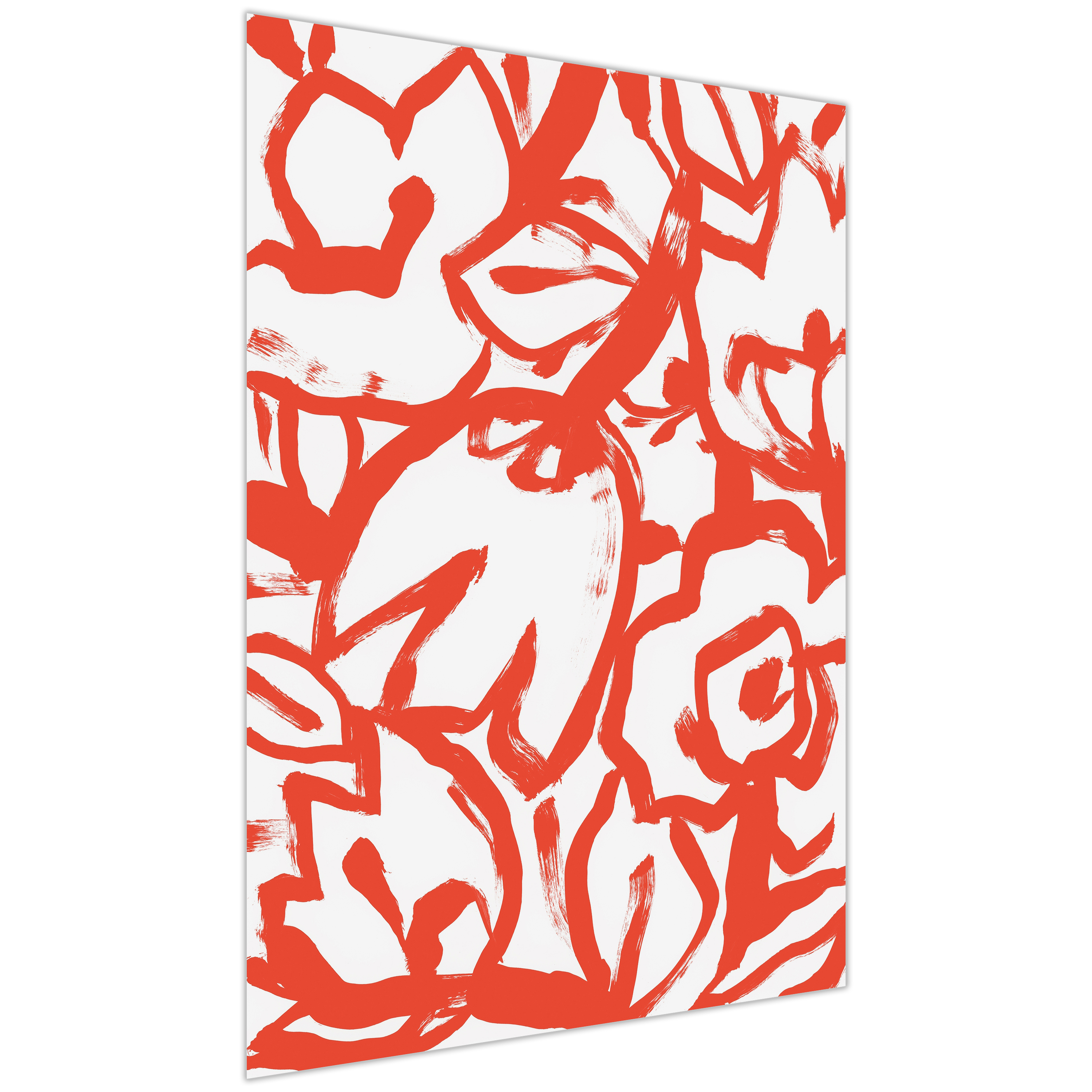 "Scarlet Blooms I" Red Brush Floral Unframe Free Floating Reverse Printed Tempered Glass Wall Art