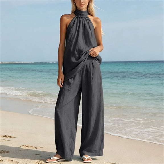 Karymi 2 Piece Sets for Women 2-Piece Summer Outfit, Halter Neck Sleeveless Top High Waist Pleated Wide Leg Pants with Pockets, Casual Vacation Set Vacation Outfits for Women
