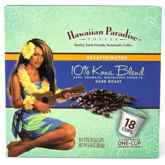 Hawaiian Paradise Coffee 10% Kona Dark Roast Decaffeinated -18 Count Single Serve Cups - Dark & Bold Flavor - Decaf - Compatible with Keurig K-Cup Brewers