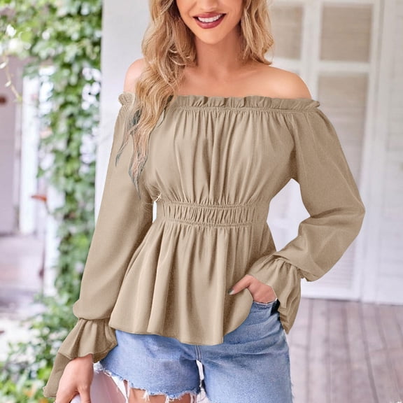 Ailaofu Womens Long Sleeve Off The Shoulder Tops Renaissance Pirate Shirt Gothic Peasant Blouse Summer Smocked Boho Top