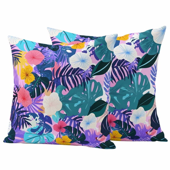 Tropical Leaf Outdoor Waterproof Pillow Covers, Purple Palm Plant Summer Flower Pastoral Decorative Square Throw Pillowcase Sofa Cushion Sham for Patio/Couch/Chair, 18"x18" 2 Pack