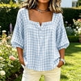 thumbnail image 2 of Edvintorg Plus Size Womens Tops Plaid Square Neck Casual Pullover Shirt Lightweight 3/4 Sleeve Loose Blouse with Button Clothes Women Light Blue L, 2 of 5