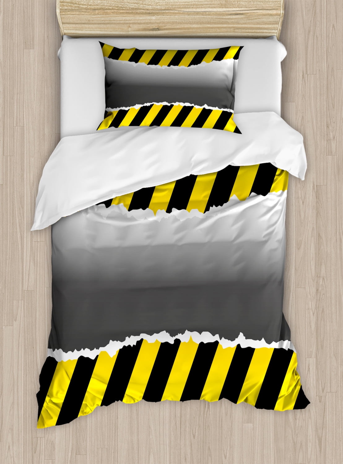 Construction Duvet Cover Set Twin Size, Ripped Sign Working Site Danger