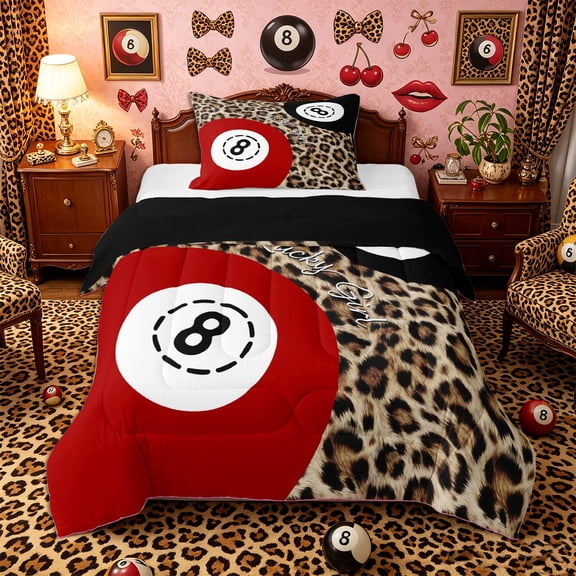 Castle Fairy Red Billiards Twin Comforter Sets 2pcs, Vintage Leopard Print Bedding Set, Brown Red White,Black Reversible,1 Comforter and 1 Pillowcase