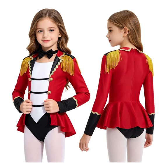 iiniim Girls Ringmaster Circus Show Long Sleeve Tassel Cap Tailcoat Gymnastics Leotard with Bowknot Red 4